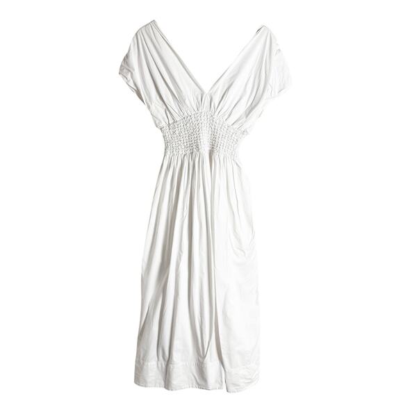 Staud Jackson White Smocked V-Neck Short Sleeve A-Line Midi Dress Size Large - Picture 6 of 16